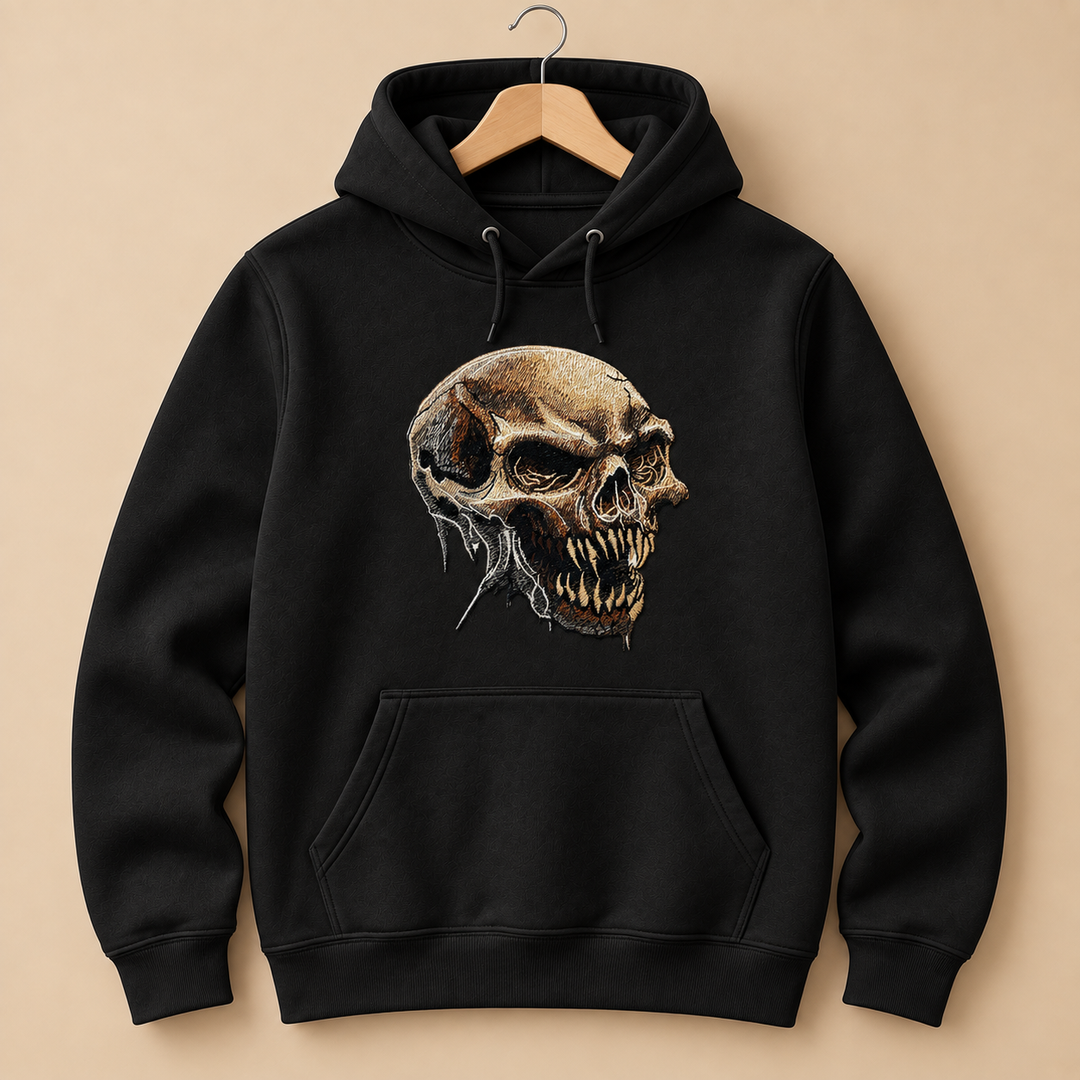 Feral Bonefang Skull Machine Embroidered Hoodie in Small White – Bone-toned fanged skull design embroidered on white 320gsm premium fleece | Hand Finished in Dubai