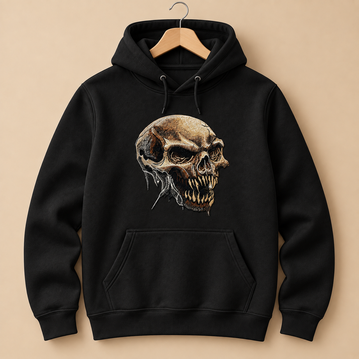 Feral Bonefang Skull Machine Embroidered Hoodie in Small White – Bone-toned fanged skull design embroidered on white 320gsm premium fleece | Hand Finished in Dubai