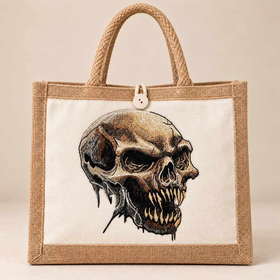 Feral Bonefang Skull Machine Embroidered Jute Tote – Bone-toned fanged skull design embroidered on premium natural jute | Hand Finished in Dubai