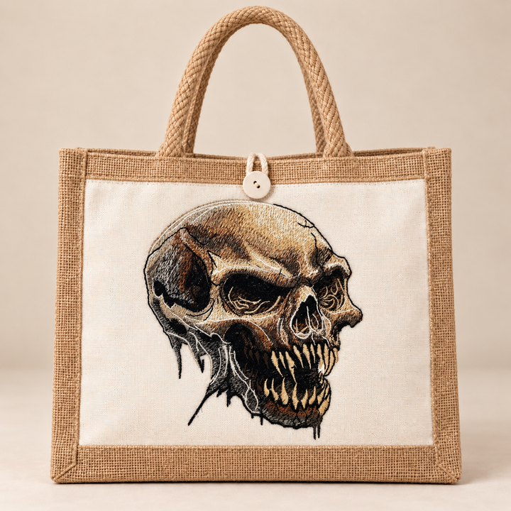Feral Bonefang Skull Machine Embroidered Jute Tote – Bone-toned fanged skull design embroidered on premium natural jute | Hand Finished in Dubai