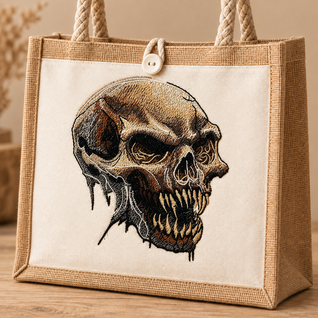 Feral Bonefang Skull Machine Embroidered Jute Tote – Bone-toned fanged skull design embroidered on premium natural jute | Hand Finished in Dubai