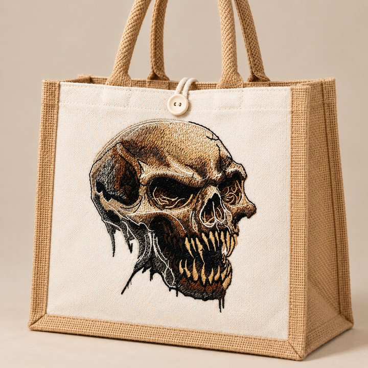 Feral Bonefang Skull Machine Embroidered Jute Tote – Close-up detail of bone-toned fanged skull embroidery with fine crack and stitch texture | Hand Finished in Dubai