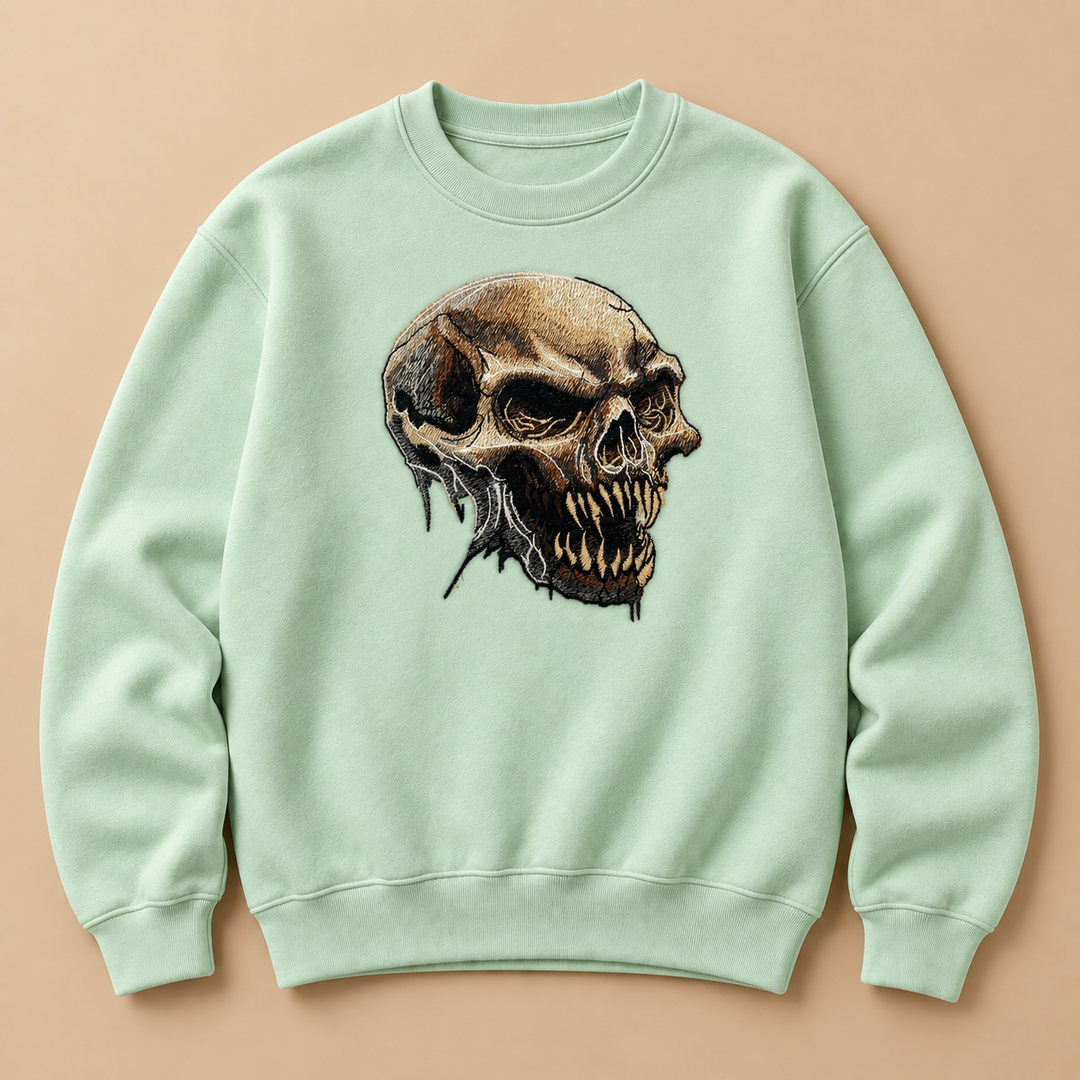 Feral Bonefang Skull Machine Embroidered Sweatshirt in Small Khaki – Bone-toned fanged skull design embroidered on khaki 320gsm cotton fleece crewneck | Hand Finished in Dubai