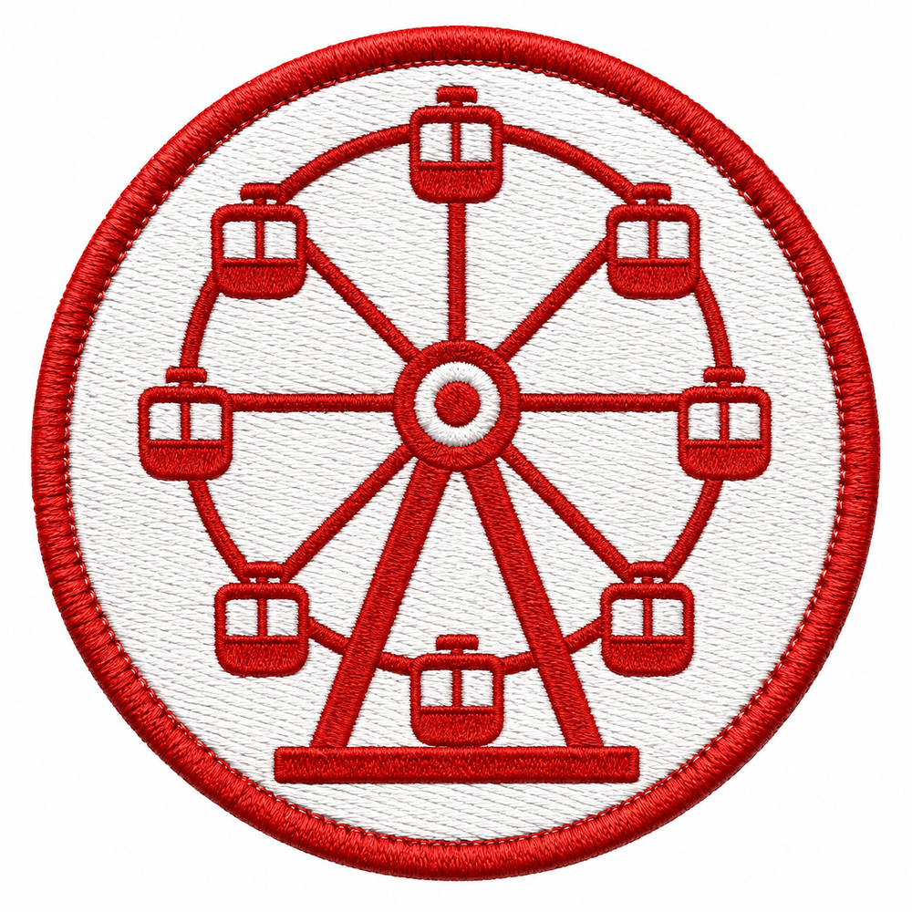 Ferris Wheel Spin embroidery patch featuring a red ferris wheel with gondolas on a white circular patch | Hand Finished in Dubai | EmbroMania