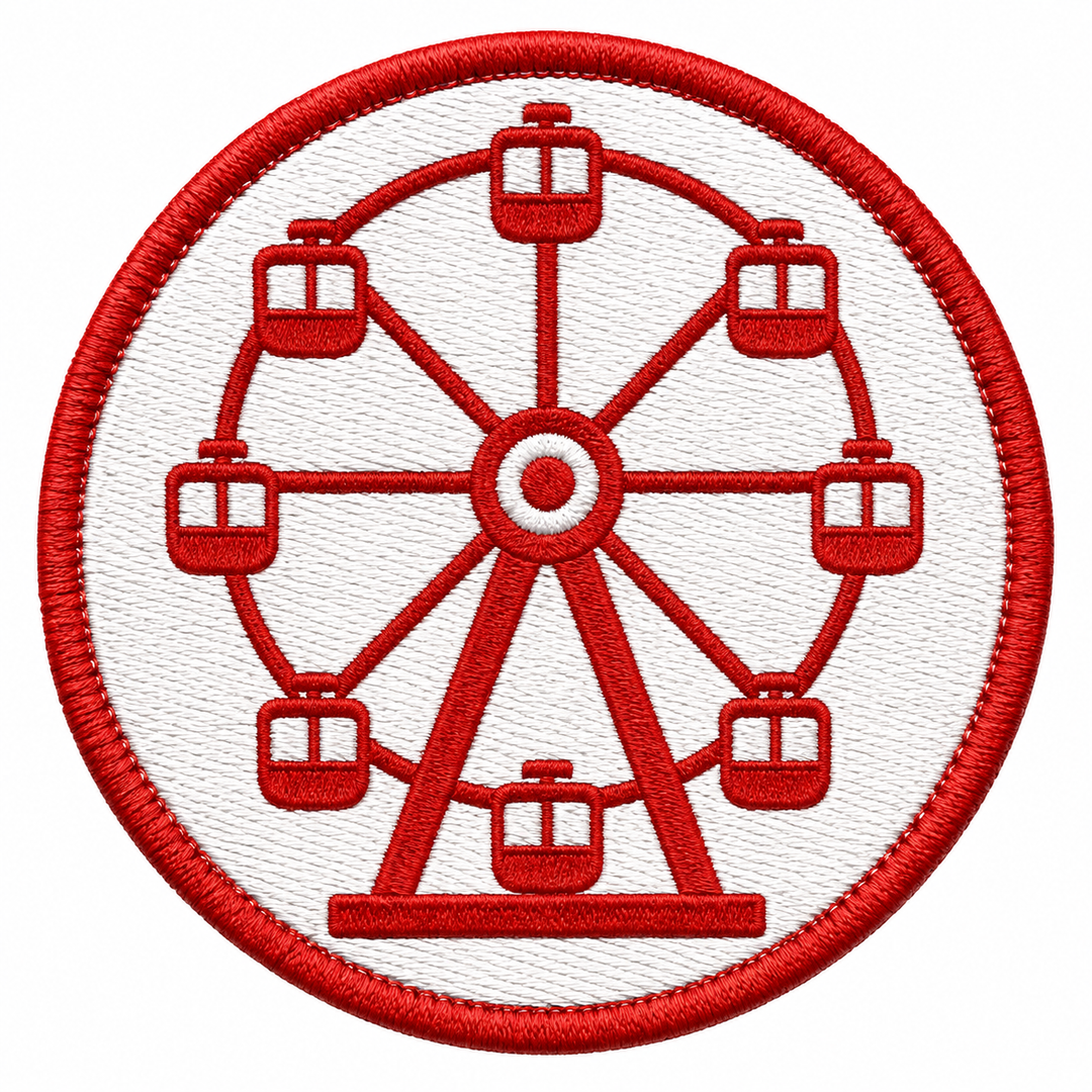 Ferris Wheel Spin embroidery patch featuring a red ferris wheel with gondolas on a white circular patch | Hand Finished in Dubai | EmbroMania