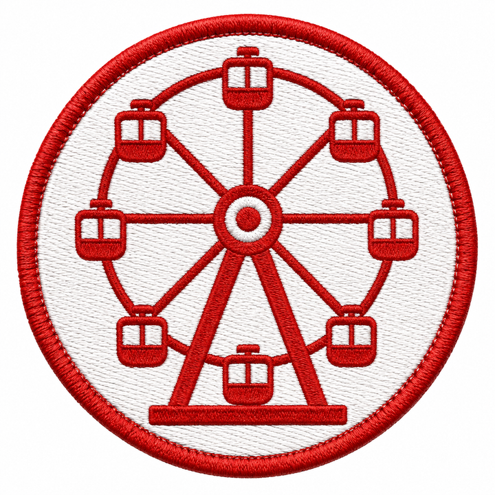 Ferris Wheel Spin embroidery patch featuring a red ferris wheel with gondolas on a white circular patch | Hand Finished in Dubai | EmbroMania