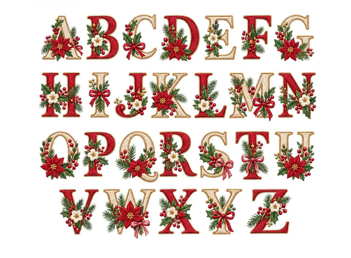 Festive Poinsettia Alphabet A–Z letter chart – red and cream serif capitals with gold outline, poinsettias, holly, berries and ribbon bows | Machine Embroidered in Dubai | EmbroMania