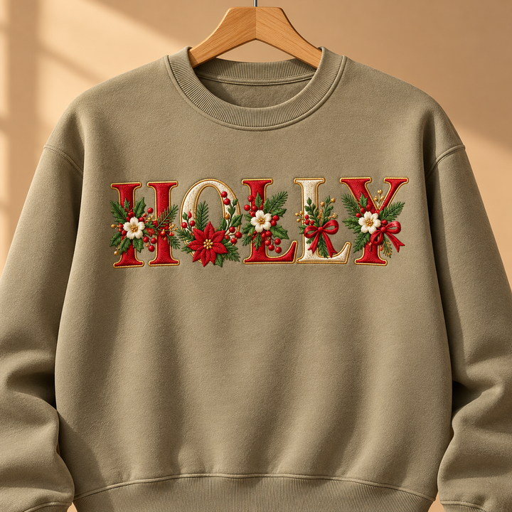 Festive Poinsettia Alphabet custom lettering "HOLLY" machine embroidered on a khaki sweatshirt – red and cream serif letters with gold outline, poinsettias, holly and berries | Hand Finished in Dubai | EmbroMania