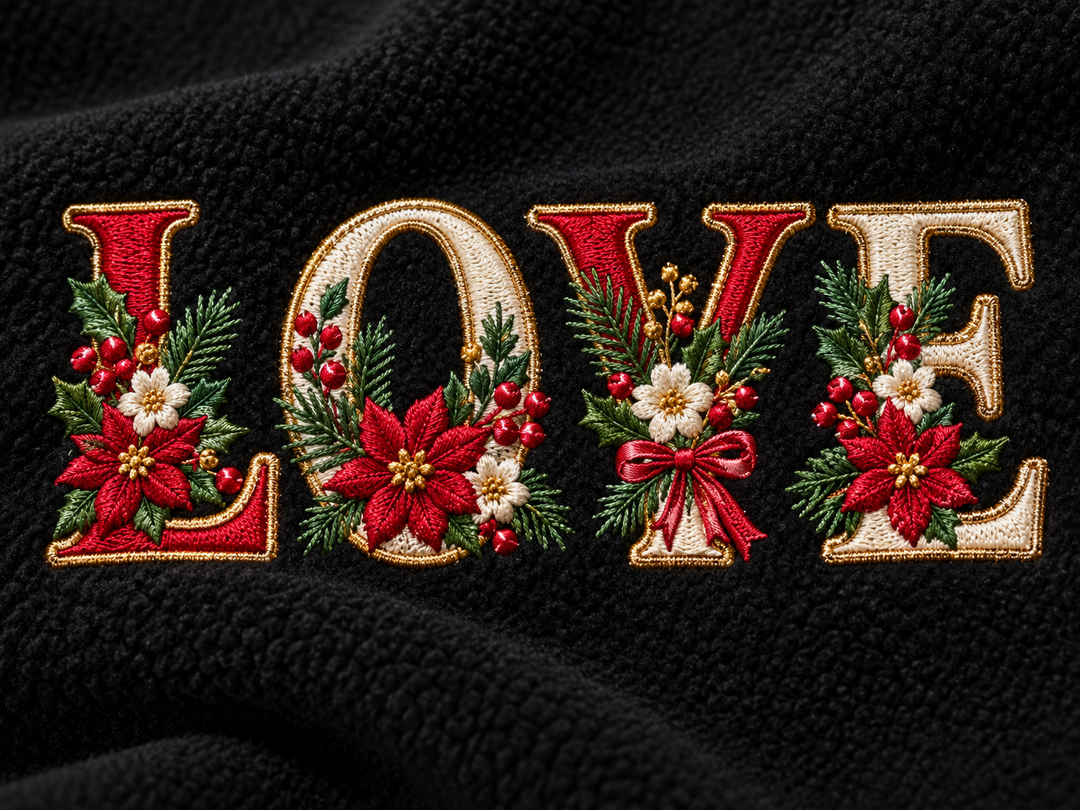 Close-up of the word "LOVE" machine embroidered in the Festive Poinsettia Alphabet – raised satin stitch letters with poinsettias, holly and berries on black fleece | Hand Finished in Dubai | EmbroMania