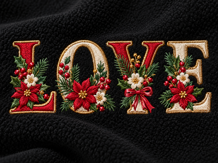 Close-up of the word "LOVE" machine embroidered in the Festive Poinsettia Alphabet – raised satin stitch letters with poinsettias, holly and berries on black fleece | Hand Finished in Dubai | EmbroMania