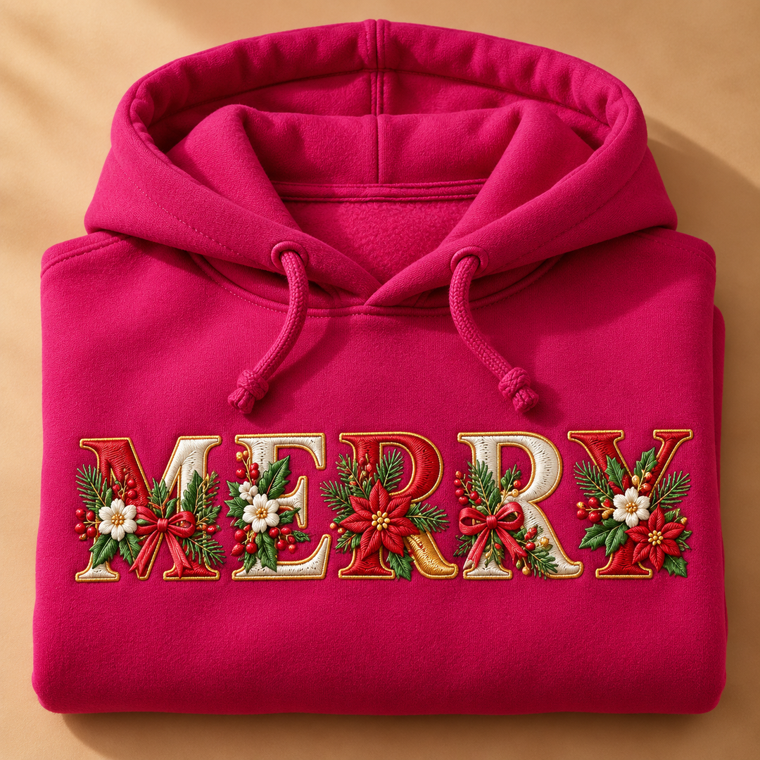 Festive Poinsettia Alphabet custom lettering "MERRY" machine embroidered on a fuchsia hoodie – red and cream serif letters with gold outline, poinsettias, holly and berries | Hand Finished in Dubai | EmbroMania