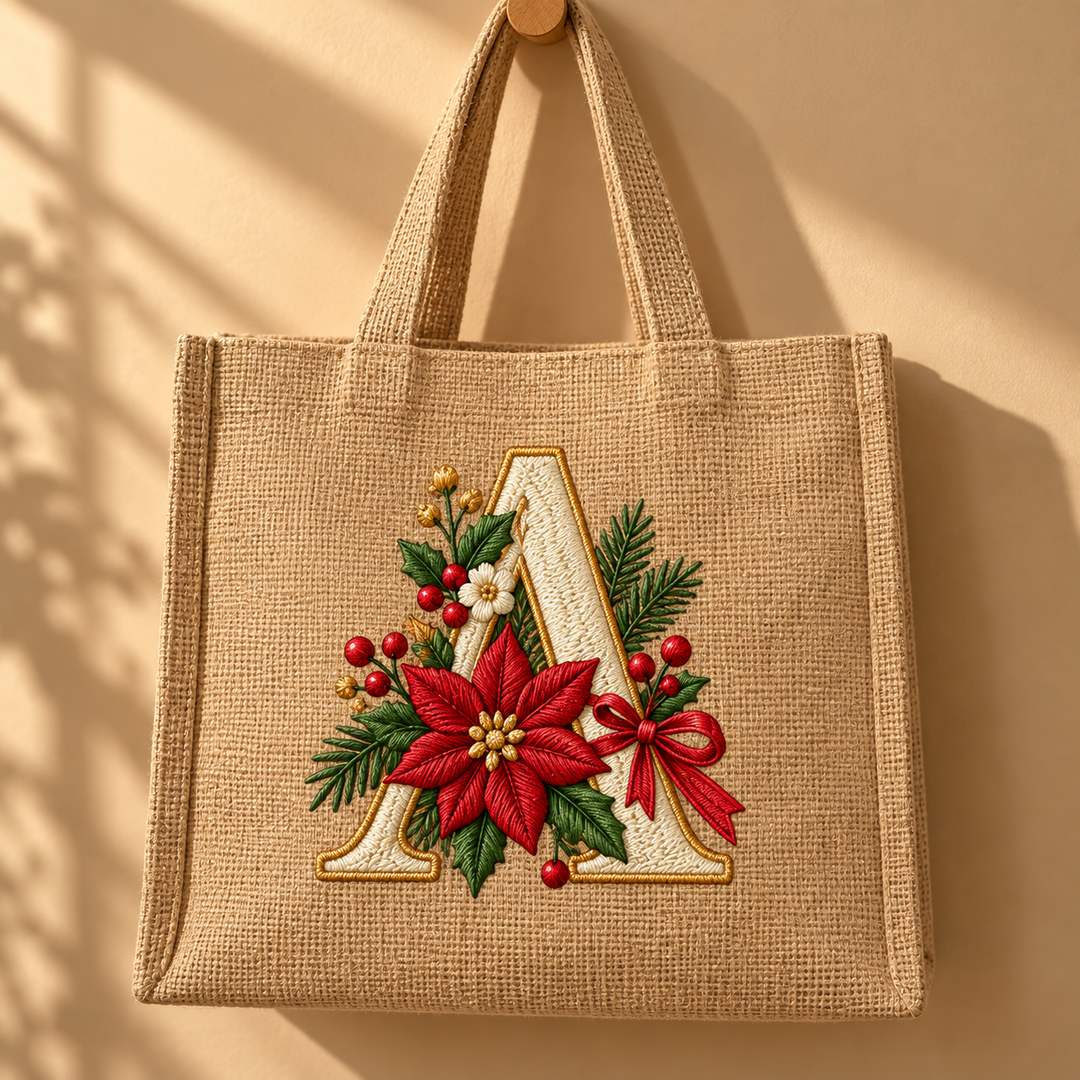 Festive Poinsettia Alphabet single monogram letter "A" machine embroidered on a natural beige jute tote – cream serif letter with gold outline, poinsettia, holly and berries | Hand Finished in Dubai | EmbroMania