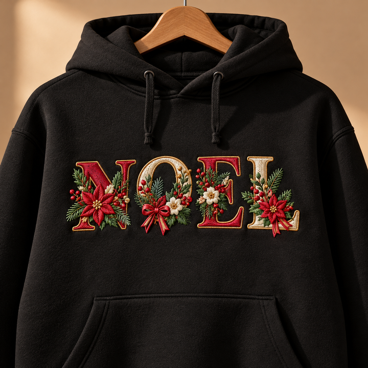 Festive Poinsettia Alphabet custom lettering "NOEL" machine embroidered on a black hoodie – red and cream serif letters with gold outline, poinsettias, holly and berries | Hand Finished in Dubai | EmbroMania