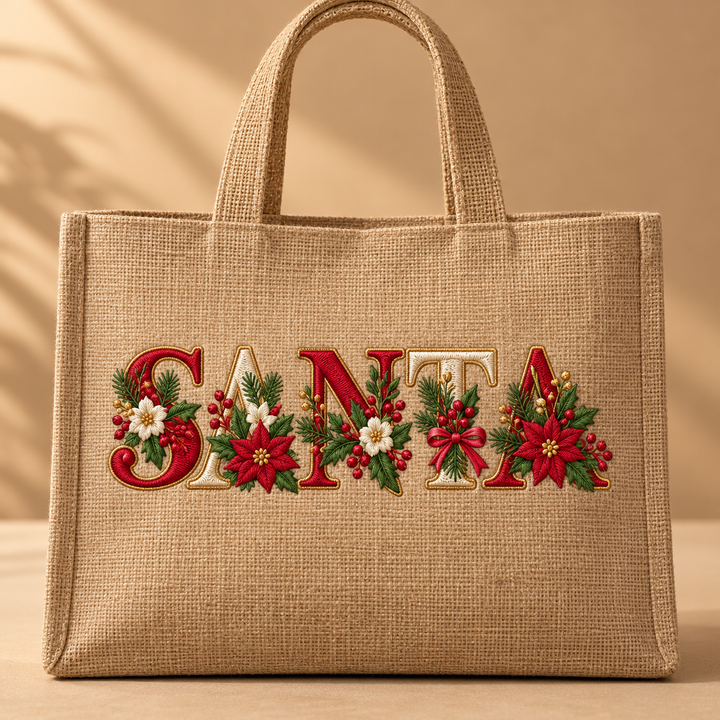 Festive Poinsettia Alphabet custom lettering "SANTA" machine embroidered on a natural beige jute tote – red and cream serif letters with gold outline, poinsettias, holly and berries | Hand Finished in Dubai | EmbroMania