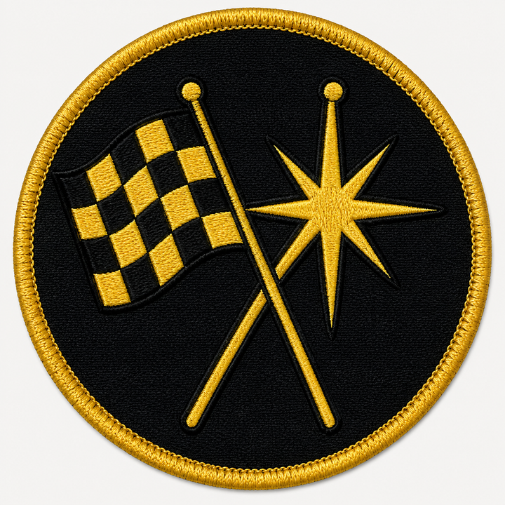 Finish Line Flash embroidery patch featuring a checkered flag crossed with a starburst in flat black and yellow | Hand Finished in Dubai | EmbroMania