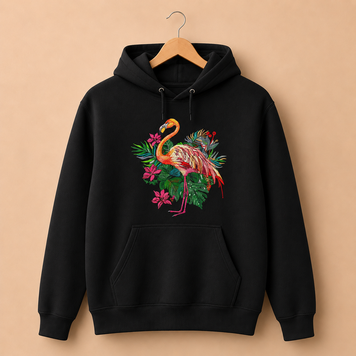 Flamingo Bloom Machine Embroidered Hoodie in Large Black – Tropical flamingo design with vivid floral blooms embroidered on black 320gsm premium fleece | Hand Finished in Dubai