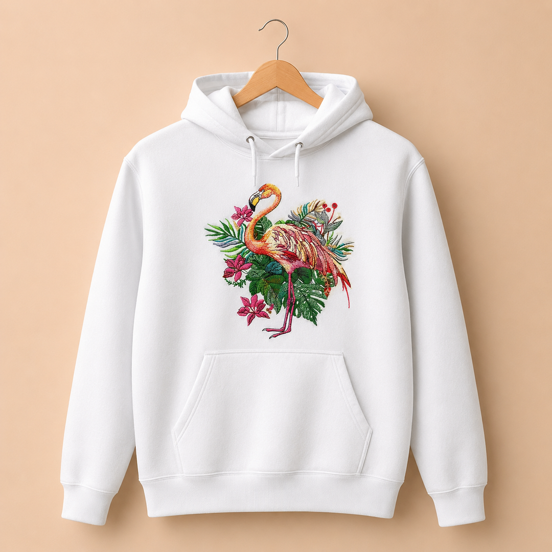Flamingo Bloom Machine Embroidered Hoodie in Large White – Tropical flamingo design with vivid floral blooms embroidered on white 320gsm premium fleece | Hand Finished in Dubai