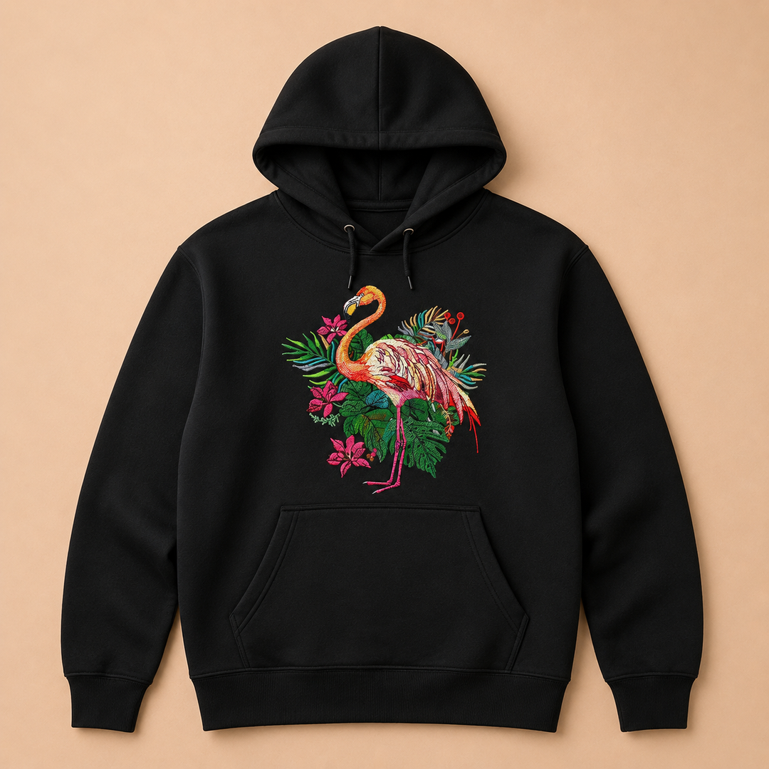 Flamingo Bloom Machine Embroidered Hoodie in Medium Black – Tropical flamingo design with vivid floral blooms embroidered on black 320gsm premium fleece | Hand Finished in Dubai