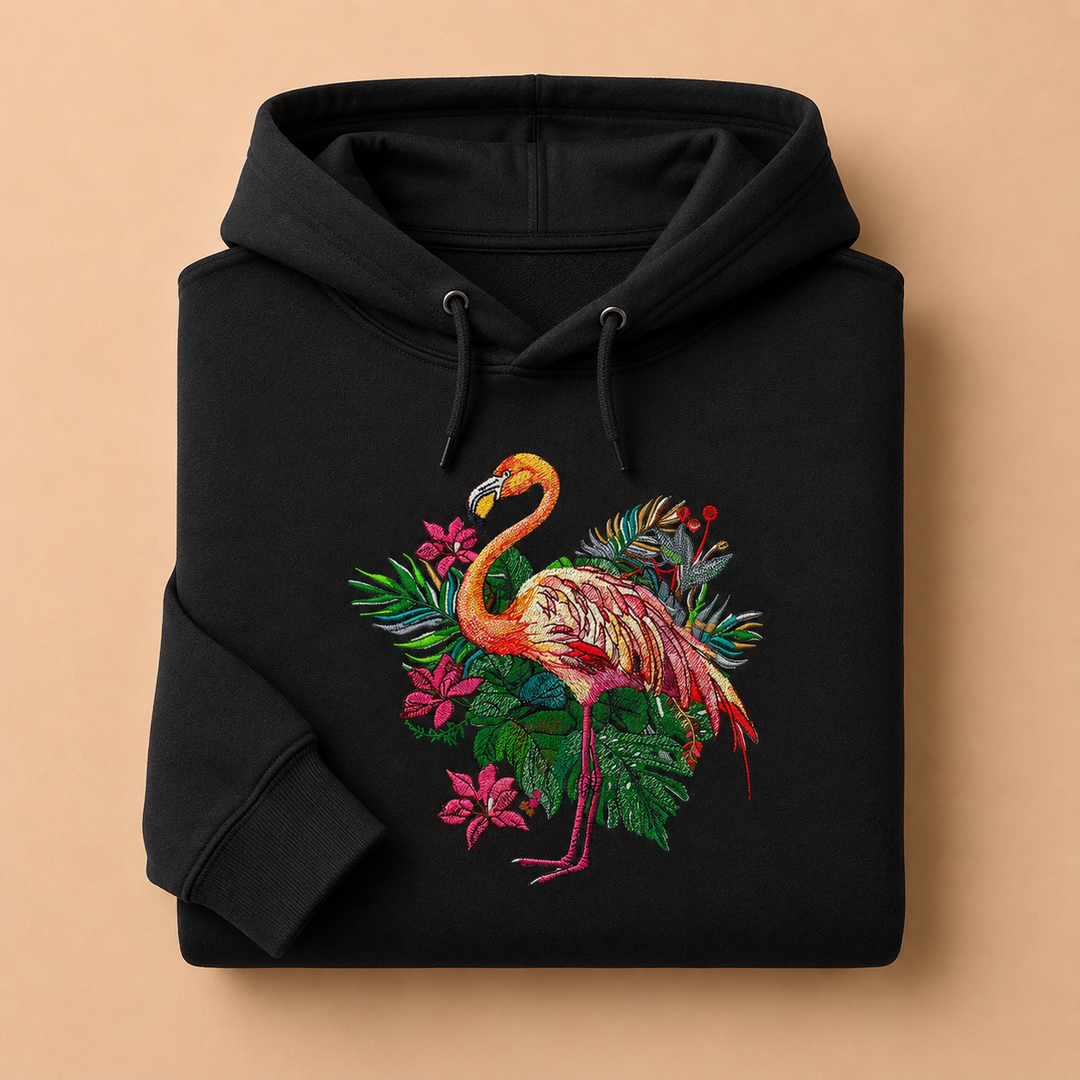 Flamingo Bloom Machine Embroidered Hoodie in Small Black – Tropical flamingo design with vivid floral blooms embroidered on black 320gsm premium fleece | Hand Finished in Dubai