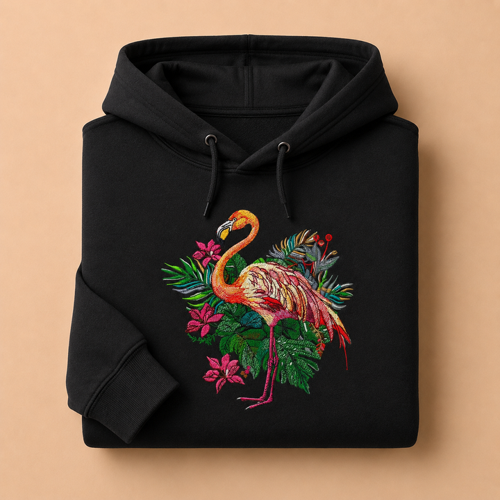 Flamingo Bloom Machine Embroidered Hoodie in Small Black – Tropical flamingo design with vivid floral blooms embroidered on black 320gsm premium fleece | Hand Finished in Dubai
