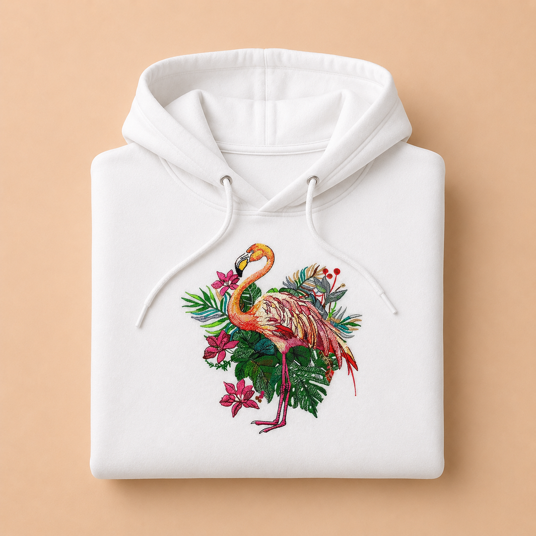 Flamingo Bloom Machine Embroidered Hoodie in Small White – Tropical flamingo design with vivid floral blooms embroidered on white 320gsm premium fleece | Hand Finished in Dubai