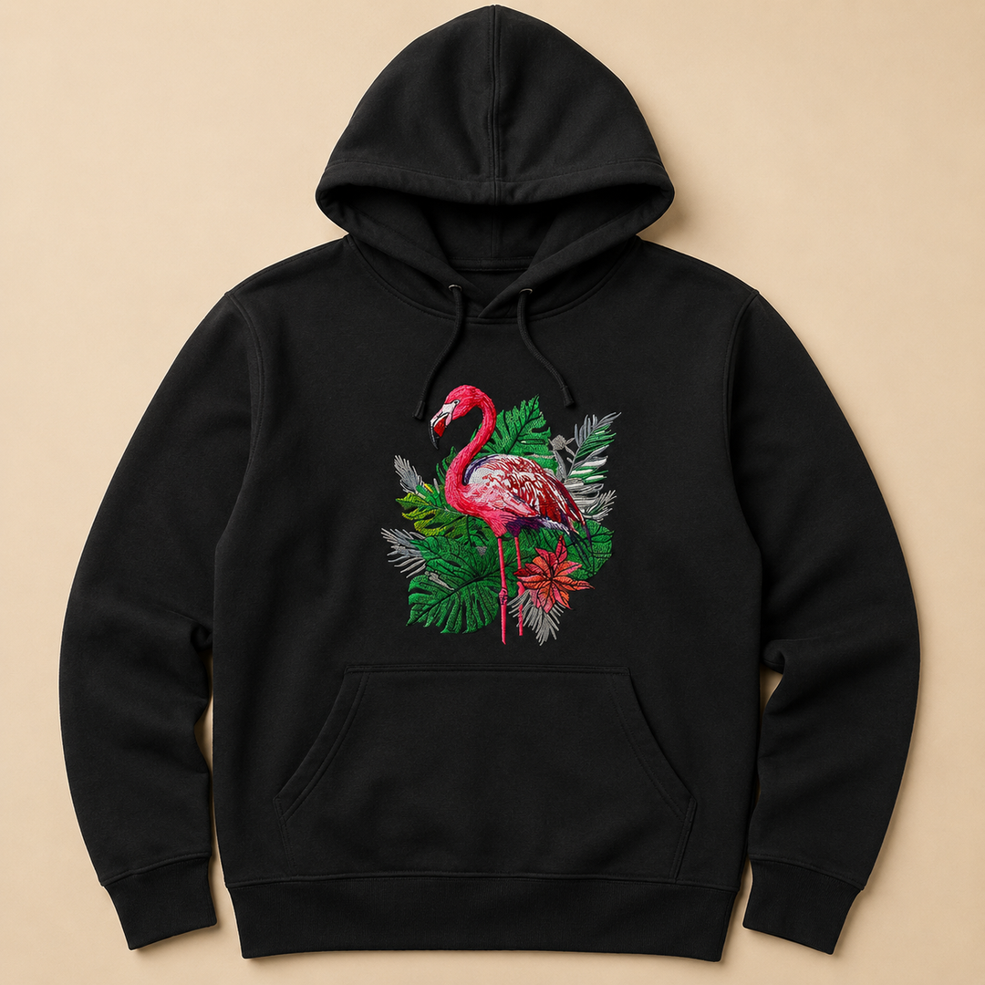 Flamingo Botanica Machine Embroidered Hoodie in Large Black – Botanical flamingo design with tropical blooms embroidered on black 320gsm premium fleece | Hand Finished in Dubai
