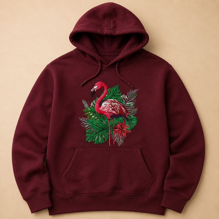Flamingo Botanica Machine Embroidered Hoodie in Large Fuchsia – Botanical flamingo design with tropical blooms embroidered on fuchsia 320gsm premium fleece | Hand Finished in Dubai