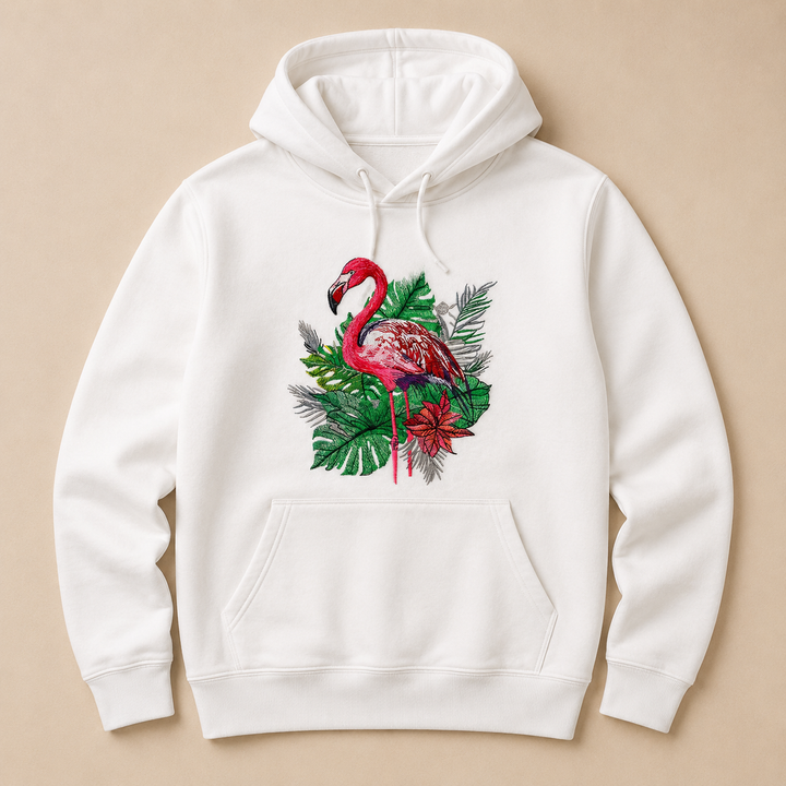 Flamingo Botanica Machine Embroidered Hoodie in Large White – Botanical flamingo design with tropical blooms embroidered on white 320gsm premium fleece | Hand Finished in Dubai