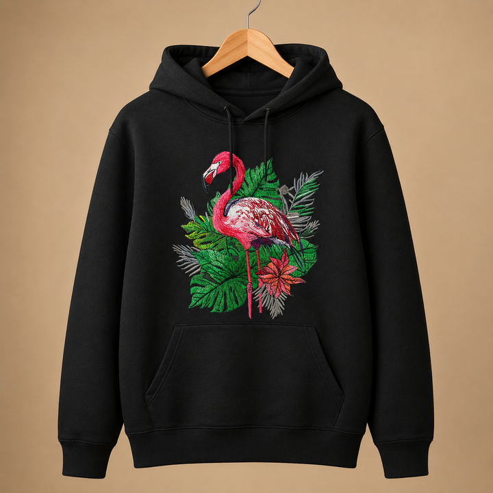 Flamingo Botanica Machine Embroidered Hoodie in Medium Black – Botanical flamingo design with tropical blooms embroidered on black 320gsm premium fleece | Hand Finished in Dubai