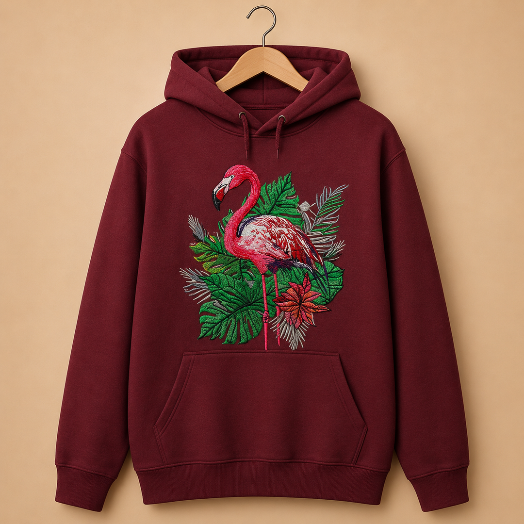 Flamingo Botanica Machine Embroidered Hoodie in Medium Fuchsia – Botanical flamingo design with tropical blooms embroidered on fuchsia 320gsm premium fleece | Hand Finished in Dubai
