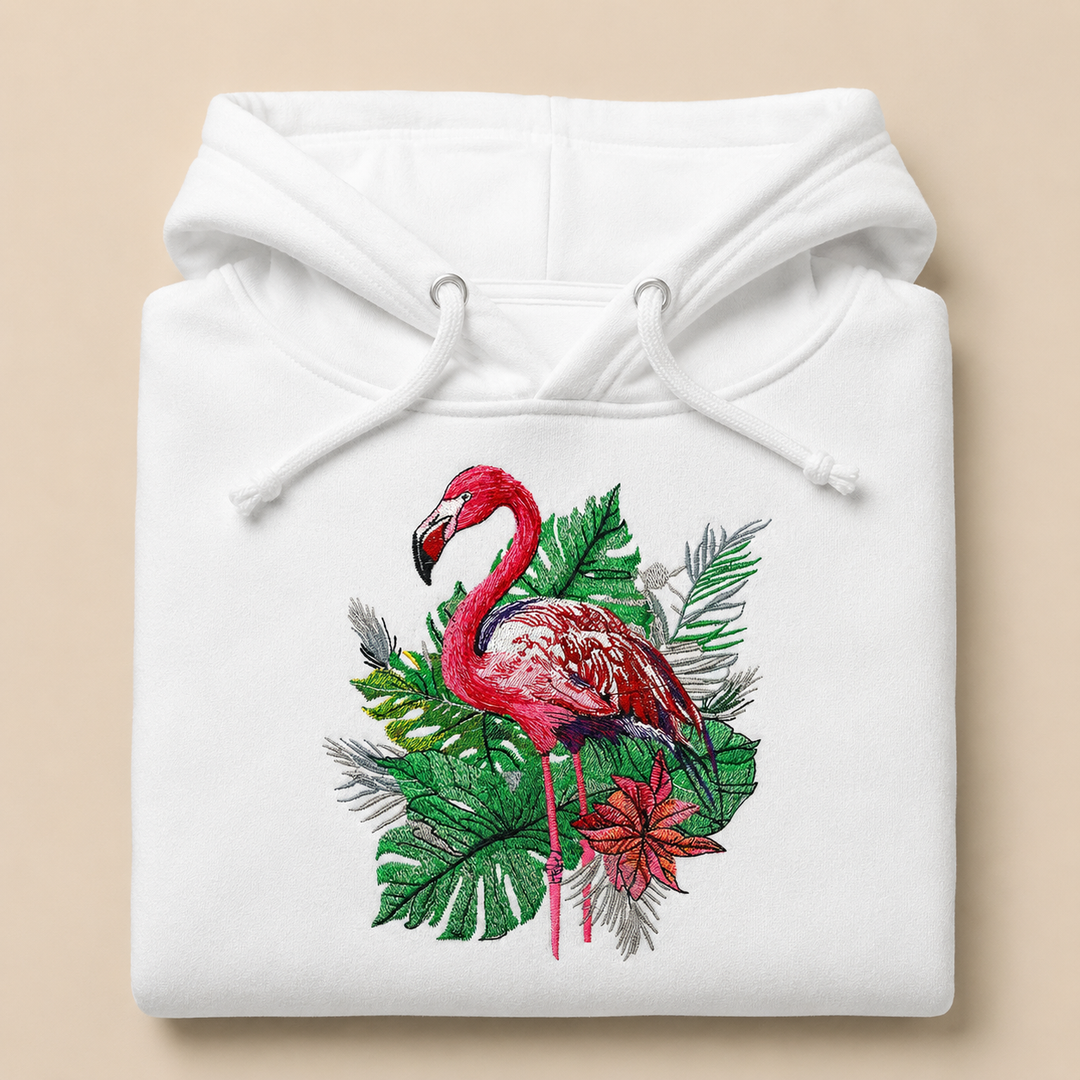 Flamingo Botanica Machine Embroidered Hoodie in Small White – Botanical flamingo design with tropical blooms embroidered on white 320gsm premium fleece | Hand Finished in Dubai