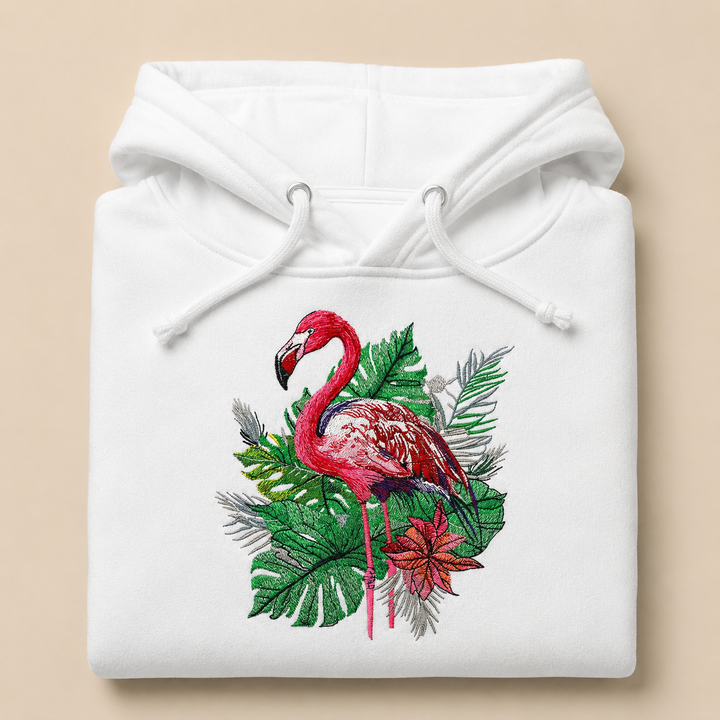 Flamingo Botanica Machine Embroidered Hoodie in Small White – Botanical flamingo design with tropical blooms embroidered on white 320gsm premium fleece | Hand Finished in Dubai