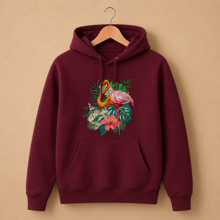 Flamingo Duo Machine Embroidered Hoodie in Large Fuchsia – Pair of flamingos with water reflection embroidered on fuchsia 320gsm premium fleece | Hand Finished in Dubai