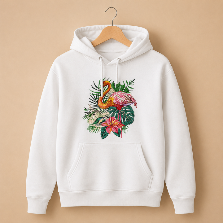 Flamingo Duo Machine Embroidered Hoodie in Large White – Pair of flamingos with water reflection embroidered on white 320gsm premium fleece | Hand Finished in Dubai