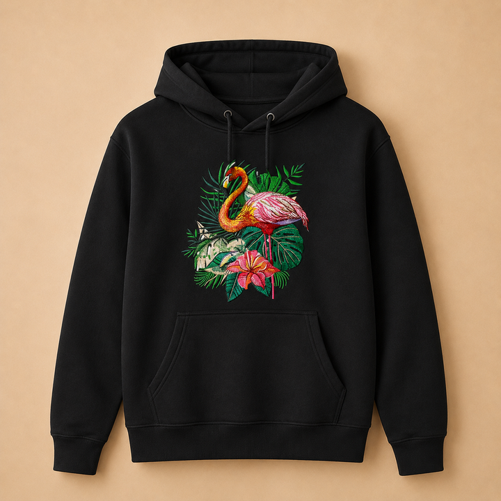 Flamingo Duo Machine Embroidered Hoodie in Medium Black – Pair of flamingos with water reflection embroidered on black 320gsm premium fleece | Hand Finished in Dubai