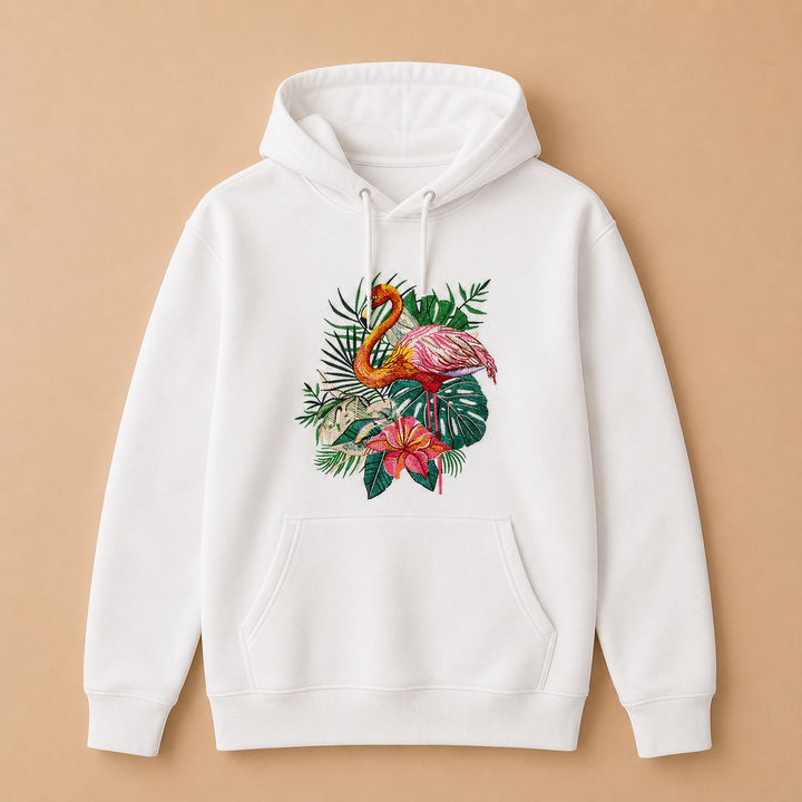 Flamingo Duo Machine Embroidered Hoodie in Medium White – Pair of flamingos with water reflection embroidered on white 320gsm premium fleece | Hand Finished in Dubai
