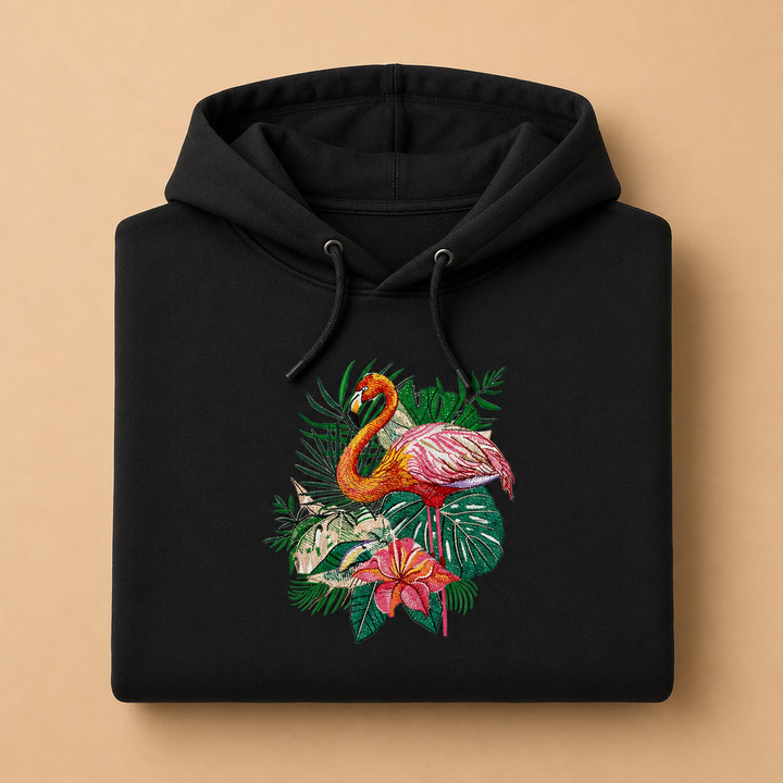 Flamingo Duo Machine Embroidered Hoodie in Small Black – Pair of flamingos with water reflection embroidered on black 320gsm premium fleece | Hand Finished in Dubai