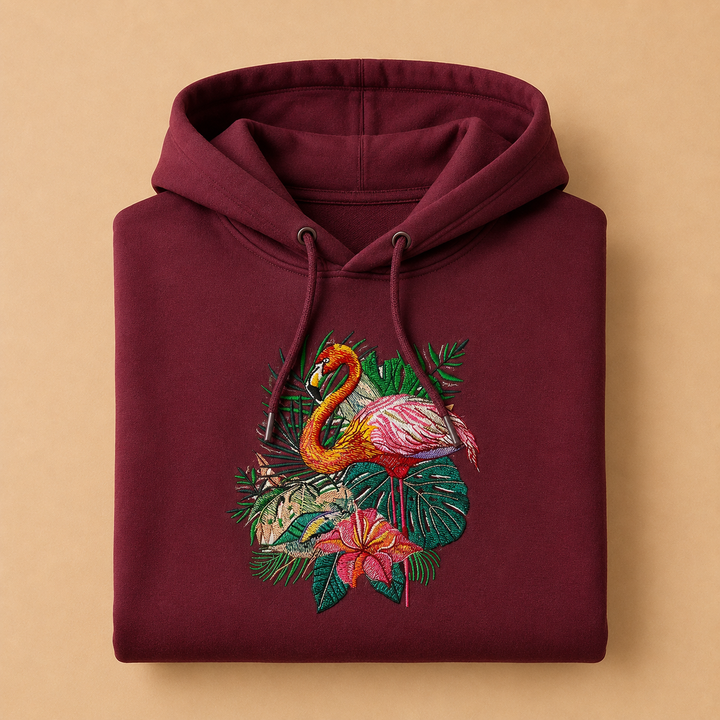 Flamingo Duo Machine Embroidered Hoodie in Small Fuchsia – Pair of flamingos with water reflection embroidered on fuchsia 320gsm premium fleece | Hand Finished in Dubai