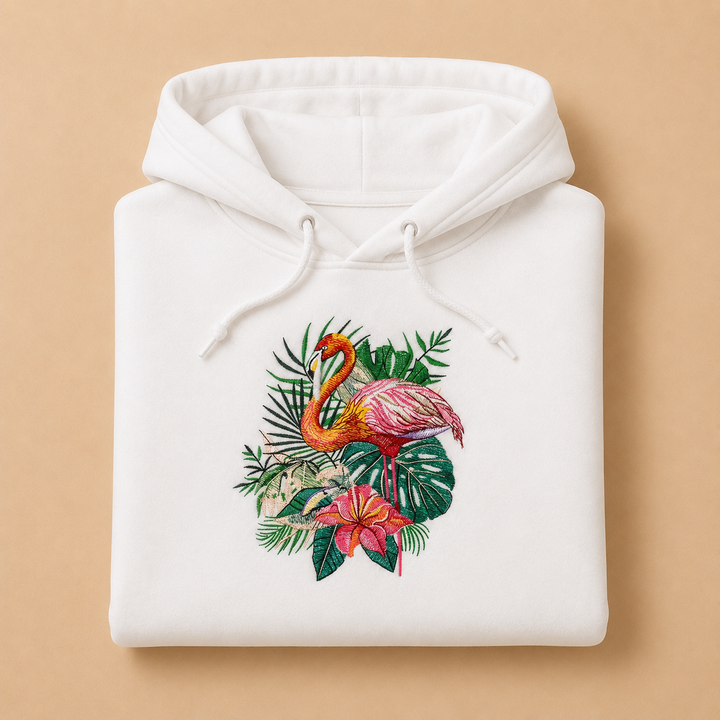 Flamingo Duo Machine Embroidered Hoodie in Small White – Pair of flamingos with water reflection embroidered on white 320gsm premium fleece | Hand Finished in Dubai