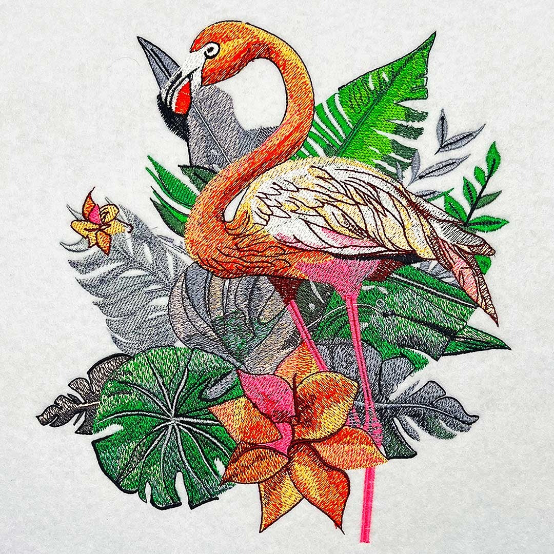 Flamingo Solo Machine Embroidered Hoodie – Design detail of elegant single flamingo with tropical foliage | Hand Finished in Dubai