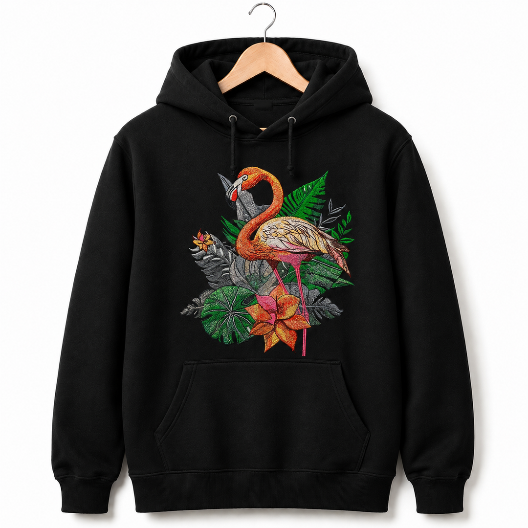 Flamingo Solo Machine Embroidered Hoodie in Large Black – Elegant single flamingo in profile embroidered on black 320gsm premium fleece | Hand Finished in Dubai