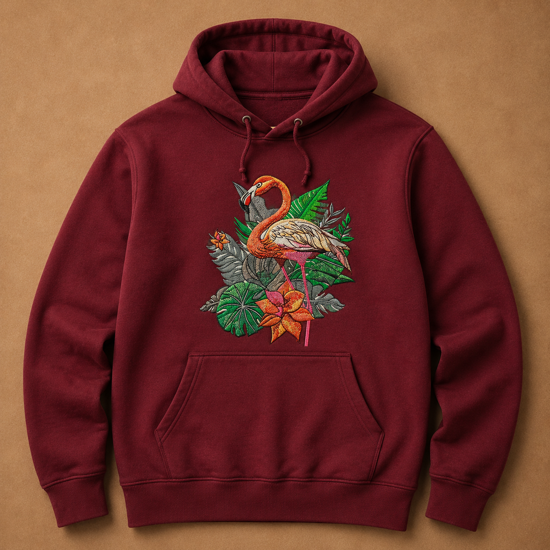 Flamingo Solo Machine Embroidered Hoodie in Medium Fuchsia – Elegant single flamingo in profile embroidered on fuchsia 320gsm premium fleece | Hand Finished in Dubai