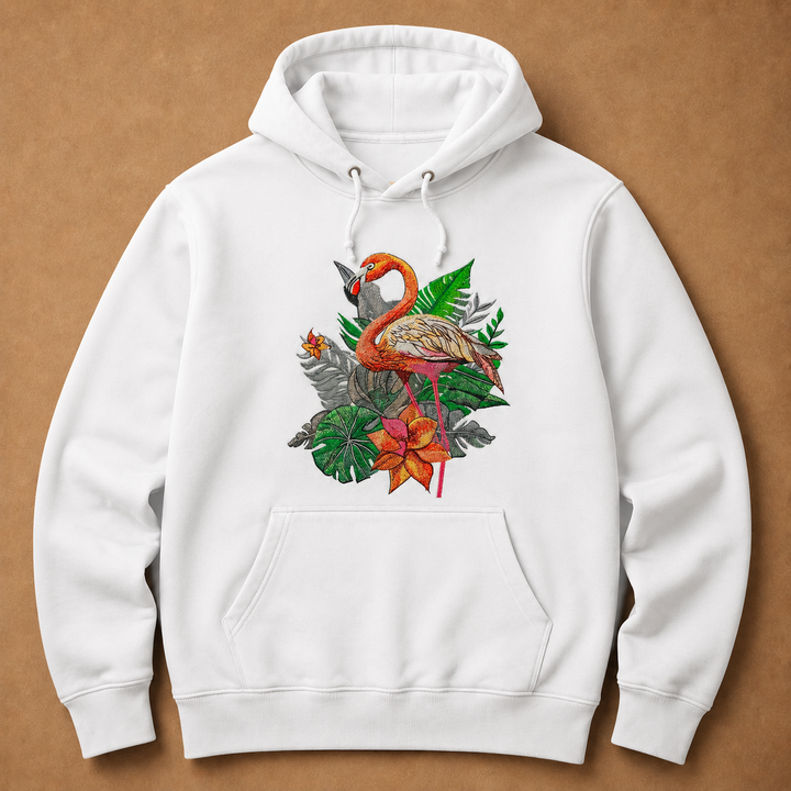 Flamingo Solo Machine Embroidered Hoodie in Medium White – Elegant single flamingo in profile embroidered on white 320gsm premium fleece | Hand Finished in Dubai