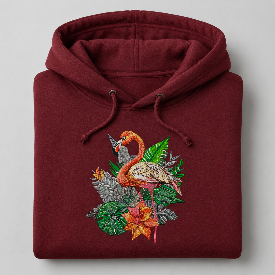 Flamingo Solo Machine Embroidered Hoodie in Small Fuchsia – Elegant single flamingo in profile embroidered on fuchsia 320gsm premium fleece | Hand Finished in Dubai
