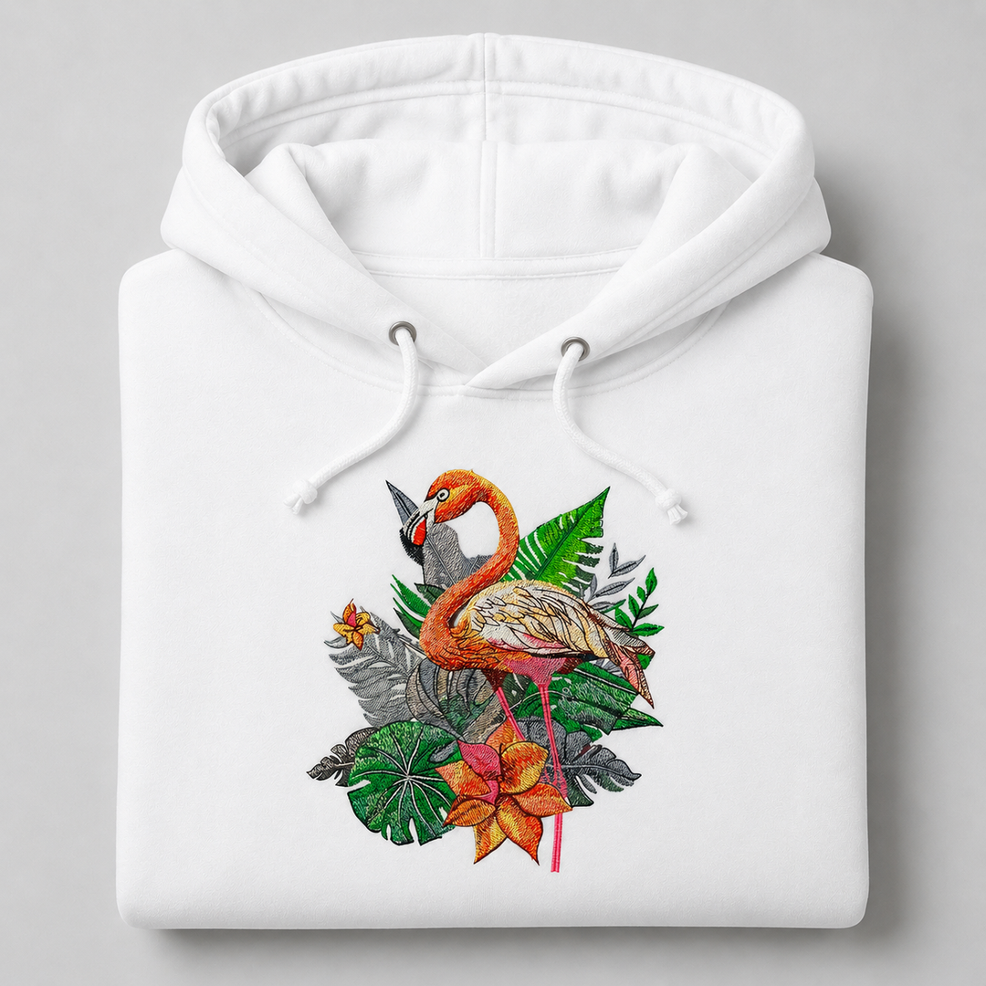 Flamingo Solo Machine Embroidered Hoodie in Small White – Elegant single flamingo in profile embroidered on white 320gsm premium fleece | Hand Finished in Dubai