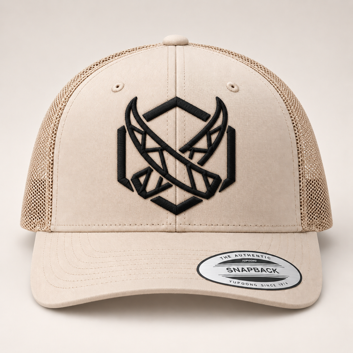🦏🏜️ Tusk Dune – Glacial Tusk · Black 3D puff · Sand Beige Retro Trucker | Hand Finished in Dubai | EmbroMania