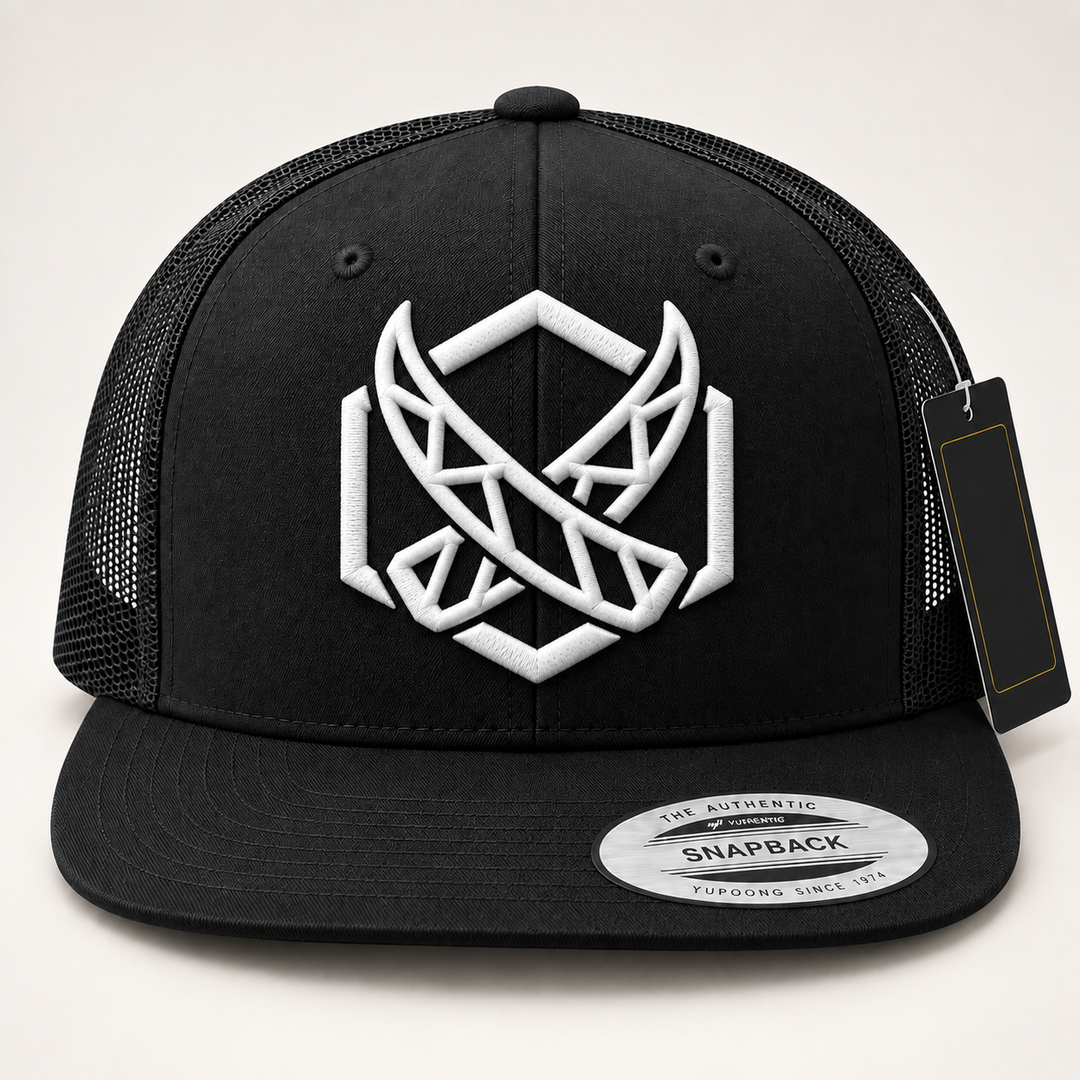 🦏❄️ Tusk Frost – Glacial Tusk · White 3D puff · Black Flat Trucker YP Classics | Hand Finished in Dubai | EmbroMania