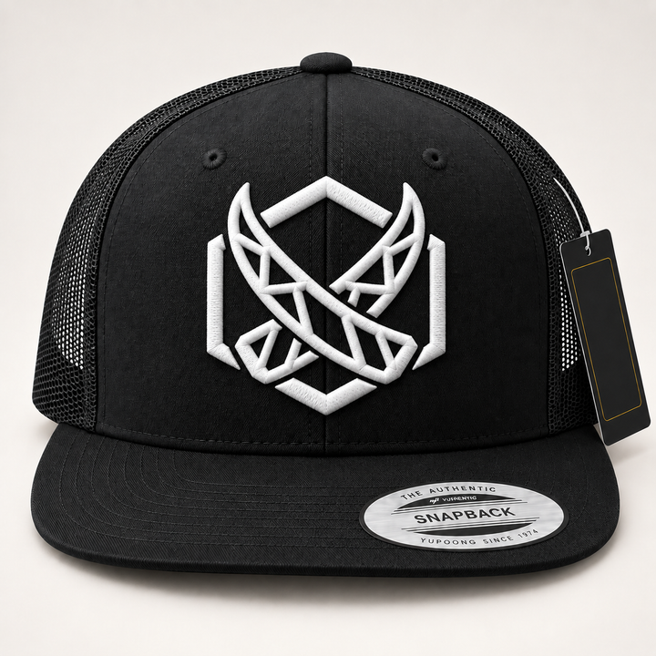 🦏❄️ Tusk Frost – Glacial Tusk · White 3D puff · Black Flat Trucker YP Classics | Hand Finished in Dubai | EmbroMania