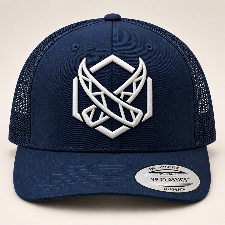 🦏🌊 Tusk Glacier – Glacial Tusk · White 3D puff · Dark Navy Curved Trucker | Hand Finished in Dubai | EmbroMania