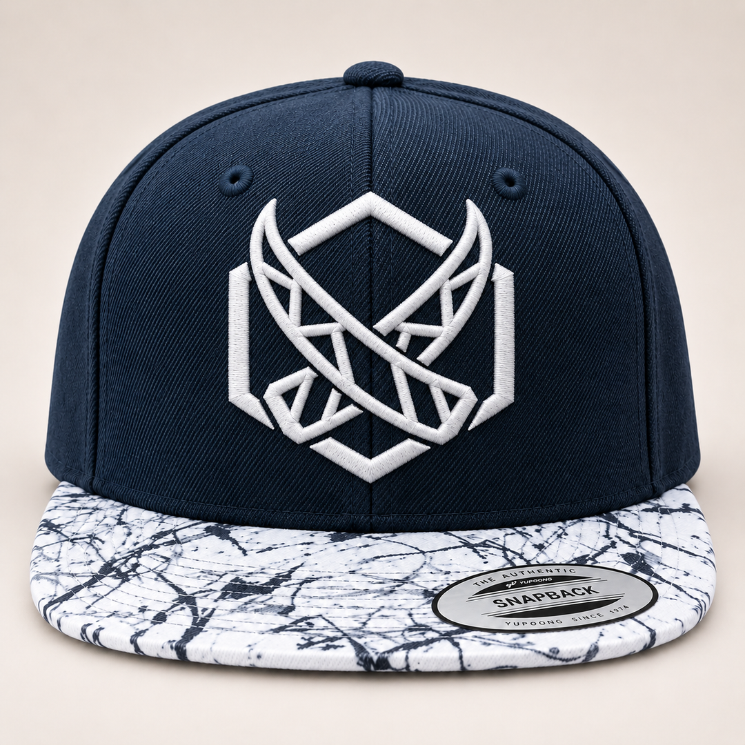 🦏🪨 Tusk Marble – Glacial Tusk · White 3D puff · Navy Crown &amp; Marble Brim Snapback | Hand Finished in Dubai | EmbroMania